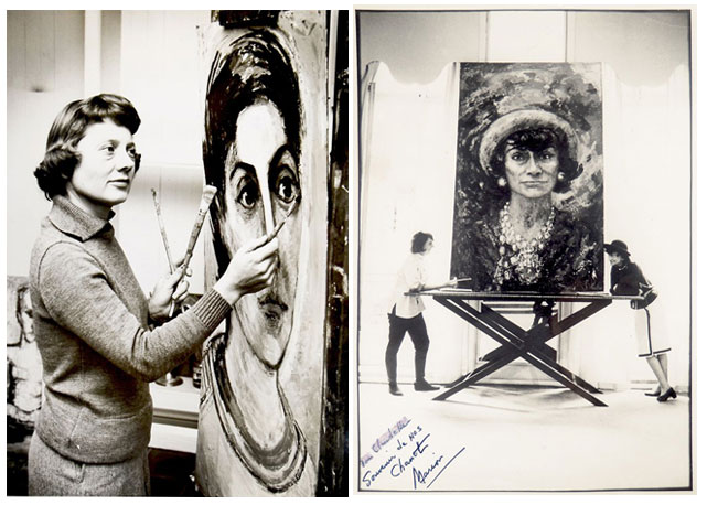 À esq.Marion Pike pinta Gabrielle Chanel e à dir. as amiga posam à frente de outro dos cinco retratos que a artista fez da estilista - Fotos: Reprodução