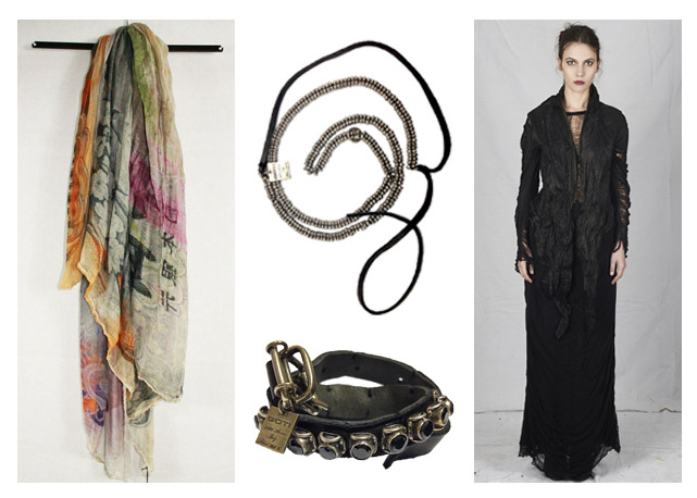 Da esquerda para a direita, Echarpe Faliero Sarti, acessórios Goti e look Sandrine Phili - Foto: divulgação