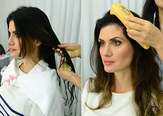 Isabella Fiorentino na esquerda fazendo o tratamento multi-vitaminas e na direita o tratamento laser - Fotos: divulgação