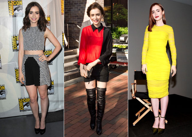 Da esq. pra dir: na Comic Can, Lilly Collins usou conjuntinho Paper London; na Pennsylvania a atriz apostou no look bicolor do resort 2014 de Maxime Simoëns combinados às botas de cano longuíssimo Christian Louboutin e em NY, um longuete amarelo da Versace - Fotos: Getty Images