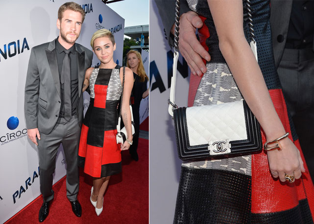 Detalhe do look de Miley Cyrus que acompanhou o marido Liam Hemsworth, protagonista do longa - Fotos: Getty Images