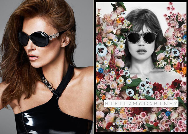 À esq. Kate Moss e um dos modelos da Icon Stones Collection da Versace; e à dir. uma das peças eco friendly de Stella McCartney - Fotos: Reprodução