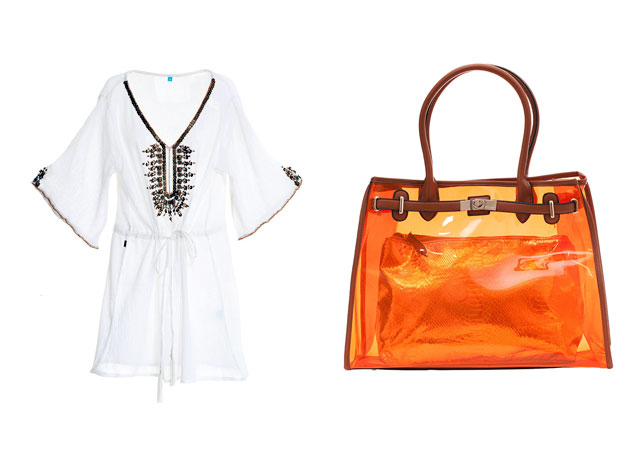 À esq. caftan taxas flores R$388 e à dir. bolsa outra bolsa transparente neon R$340 - Fotos: Divulgação