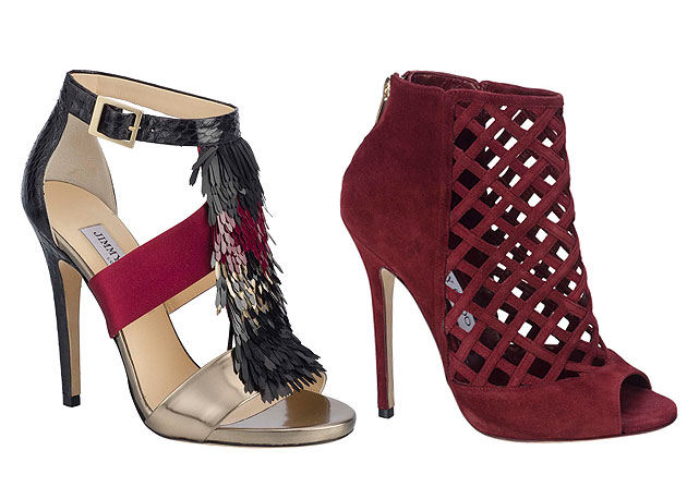 A nova coleção da Jimmy Choo na esquerda o modelo com tira de couro e franjas (R$1050) e a direita o modelo Clatet (R$995) - Foto:divulgação