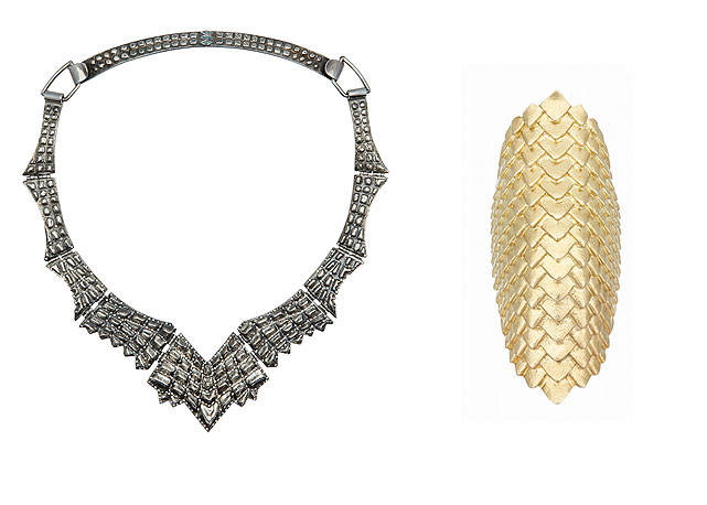 Colar Lady Caiman, de ouro com diamantes, da coleçào Repitila Crocodyla e anel Lady Mamba, de ouro amarelo, da coleção Reptila Serpens - Fotos: divulgação