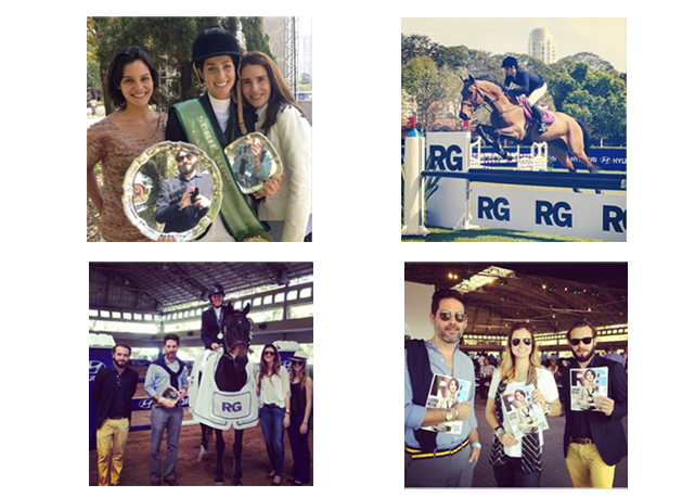 Do alto, da squerda para a direita, a vencedora da prova RG, Gabriela Feffer, sua irmã Marina e Daniela Lunardelli; zoom no picadeiro da Hípica Paulista; Premiação da prova RG no Classic Horse Show; RG team no Classic Horse Show, os diretores de redação da revista, Jeff Ares e Dudi Machado e a diretora de marketing, Giuliana Sesso – Fotos: reproduçãoo/instagram
