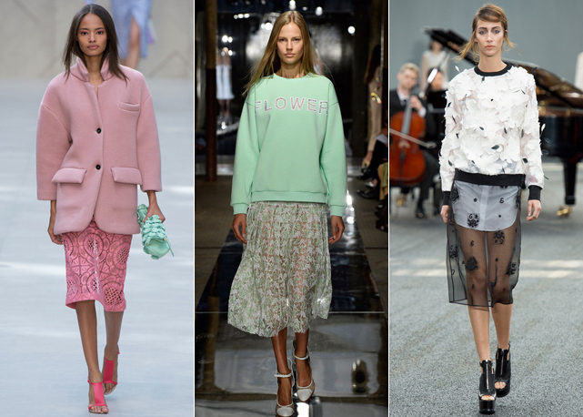 Da esquerda para a direita, jogo de contrastes na Burberry, Christopher Kane e Erdem - Fotos: Getty Images