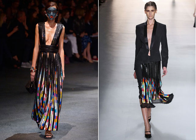 À esq. look do verão 2014 da Givenchy apresentado nesse domingo (30.09). À dir. o modelo desenvolvida por Eduardo Pombal para o verão da Tufi Duek - Fotos: Getty Images e Fotosite