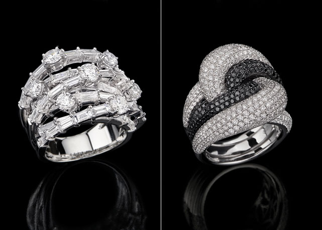 A esquerda anel de ouro branco com diamantes da linha links e a direita Anel de ouro branco com diamantes negros da linha Light & Dark - Fotos:reprodução/Harper's Bazaar