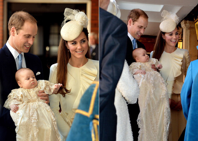 Kate Middleton e William com o pequeno vestindo réplica do mandrião de renda criado há 60 anos  - Foto: Getty Images