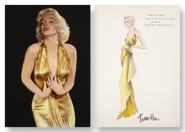 À esquerda, Marilyn Monroe usando o vestido criado por William Travilla. À direita, o croqui da peça - Foto: divulgação