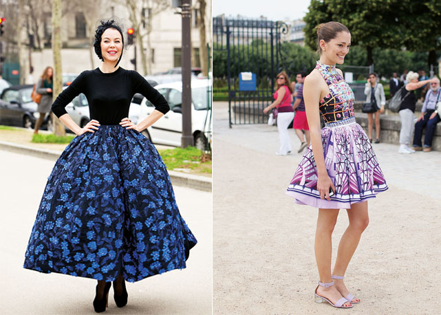 A silhueta fit & flare ganha versão romântica como a de Ulyana Sergeenko (à esq.) e também gráfica e colorida (à dir.) - Fotos: Lee Oliveira
