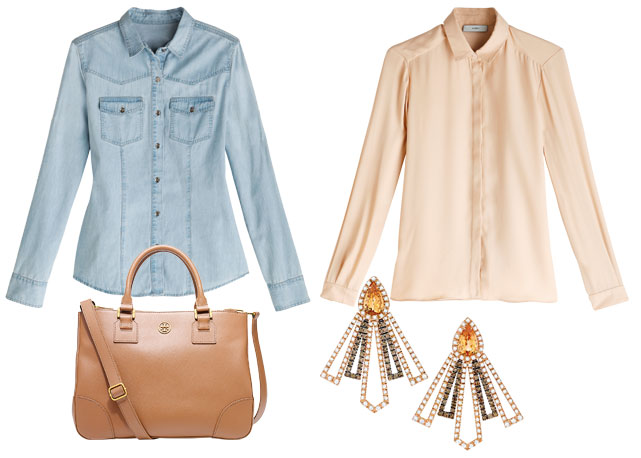 Camisa jeans Ellus 2 Floor (R$289), camisa Egrey(R$459), bolsa Tory Burch (R$1.865) e brincs Emar Batalha (R$55mil) - Fotos: reprodução/Harper's Bazaar