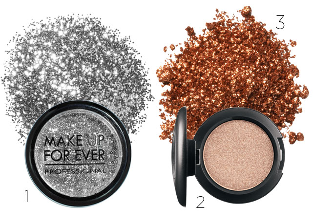 1.Glitter Sand (R$ 57), Make Up Forever; 2. Pressed Pigments Blonde Streak (R$ 124), M.A.C; 3. Sombra em pó com glitter(R$ 23), Contém 1g - Fotos: reprodução/ Harper's Bazaar