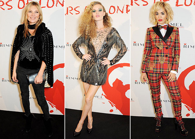 Da esquerda para a direita: Kate Moss (com botas Alaïa), Georgia May Jagger (de Julien MacDonald) e Rita Ora (que veste Moschino) - Fotos: Getty Images