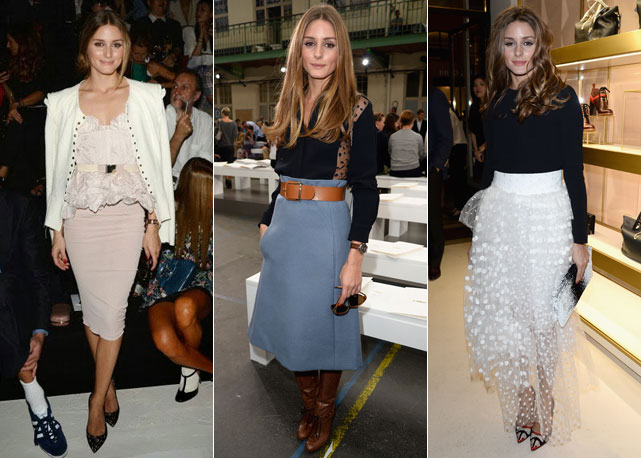 À esq. Olivia Palermo veste saia de strech Nina Ricci, no centro e a dir. saia Chloe - Fotos: Getty Images