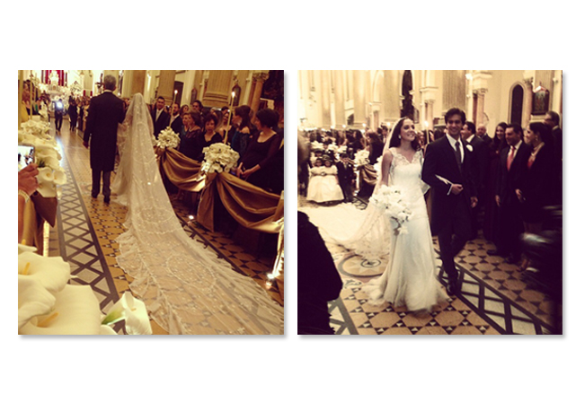 Luiza Setúbal a caminho do altar em companhia do pai e deixando a igreja já casada com Gabriel Kairalla - Fotos: reprodução/Instagram
