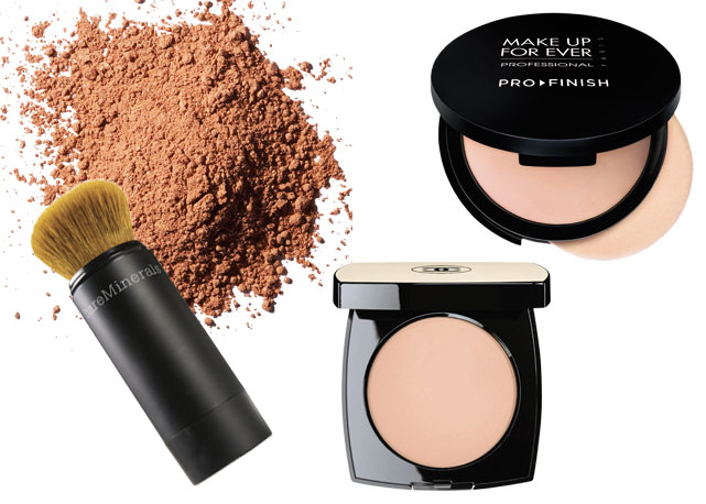 Da esquerda para a direita: Mineral Veil Mini Buffing Brush (R$ 139) Bare Minerals; Base compacta Pro Finish (R$ 150) Make Up Forever; Pó compacto Les Beiges Chanel - Fotos: reprodução/ Harper's Bazaar