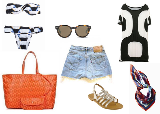Itens tem-que-ter da mala da DJ Marina Diniz: da esq. à dir. biquíni Lenny, bolsa Goyard, óculos Toms, shorts Levi's, sandália Tropezinnes, vestido osklen e lenço Richards - Fotos: Divulgação