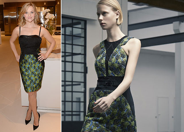 O look de Reese (à esquerda) e o vestido na passarela do estilista (à direita) - Fotos: Getty images e divulgação