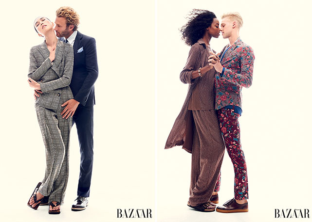 À esquerda: Giorgio Armani nos looks de Tao Okamoto e Brad Kroenig; à direita, Maria Borges e Clarke Wesley de Gucci - Fotos: divulgação/Harper's Bazaar