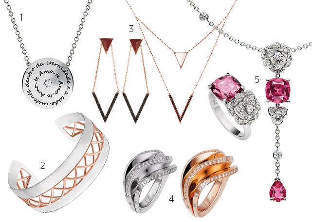 1 - Colar de ouro branco e diamantes, Amsterdam Sauer, R$4.908; 2 - Pulseira de prata com acabamento de ouro rosê, Montblanc, R$3.850; 3 - Colar de ouro, dolomita e diamantes negros, Animale, R$4.390; 4 - Anéis de ouro e diamantes, Cartier; 5 - Colar de ouro branco, brilhantes e turmalinas rosas Piaget - Fotos:reprodução/Harper's Bazaar