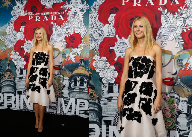 Gwyneth Paltrow com look total Prada na inauguração da decoração natalina que a grife assinou para a loja - Fotos: Divulgação