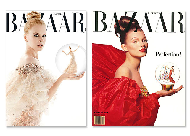 A esquerda a capa da Harper's Bazaar Australia de dezembro 2013 com Nicole Kidman e a direita a capa da Harper's Bazaar US de dezembro de 1992 com Kate Moss - Fotos:reprodução
