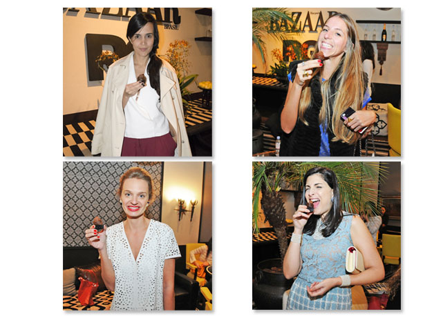 Karina Mota e Stella Jacintho (acima) e Ucha Meirelles e Tania Derani (abaixo) não resistiram ao delicioso cupcake de chocolate belga servido no lounge da Bazaar - Fotos: Alexandre Virgilio e Caroline de Barrionuevo