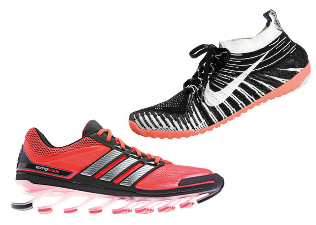 No alto, Nike Free Flyknit, modelo flexível que lembra uma meia é boa alternativa para os fãs de corrida natural; o modelo vervelho da