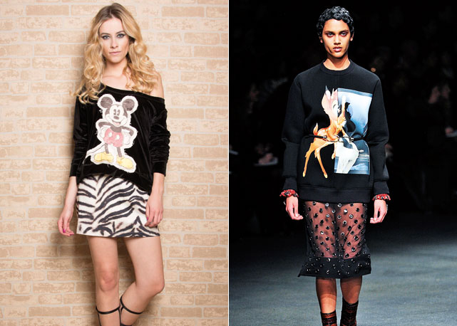 A direita Mickey estampado na coleção de verão da Tigresse e a direita o inverno 2014 da Givenchy - Fotos:reprodução/harper's Bazaar