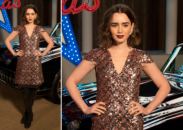 Lily Collins veste look do inverno da label - Fotos: Getty Images