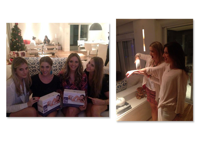 À esq. Mica Rocha e Lelê Saddi entre Vanessa e Danielle, PR's da Drogaria Iguatemi; e à dir. Marcella Tranchesi e Mafe Miguel testam o Philips Lumea - Fotos: Reprodução