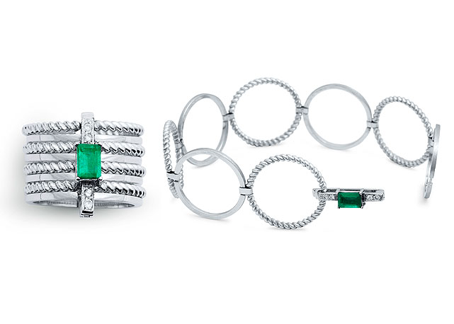 Anel-pulseira de ouro branco, diamantes e esmeralda - Foto: divulgação