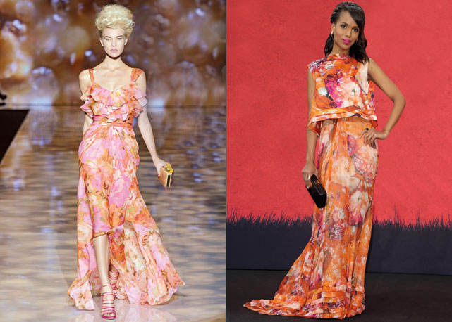 A esquerda o inverno 2014 da Badgley Mischka e a direita a atriz Kerry Washington- Foto: divulgação/Harper's Bazaar