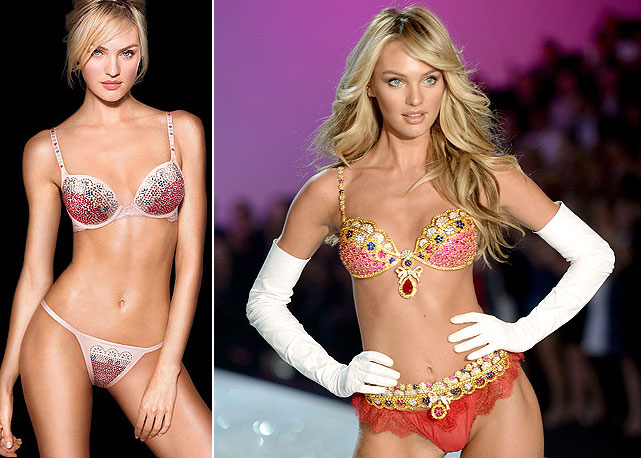 Candice com a réplica (à esquerda) e com o Fantasy Bra original (à direita) - Foto: divulgação e Getty Images