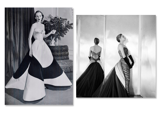 Á esq. Austine Hearst em 1953 e á dir. o vestido Butterfly Gown criado em 1954 - Fotos: Reprodução