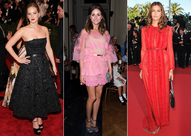 Jennifer Lawrence, Olivia Palermo e a russa Dasha Zhukova aderiram a moda do cinto fininho - Fotos: Getty Images