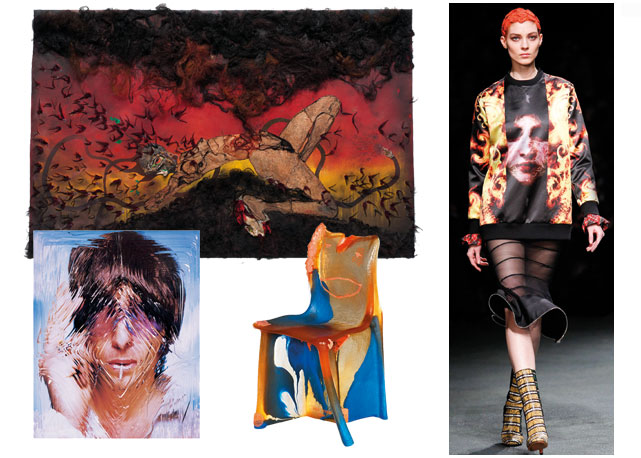 Em sentido horário, a partir da esq., cadeira Pratt, de Gaetano Pesce; Oasis (2003), de Odires Mlászho; e pinturas de Marilyn Minter e Wangechi Mutu