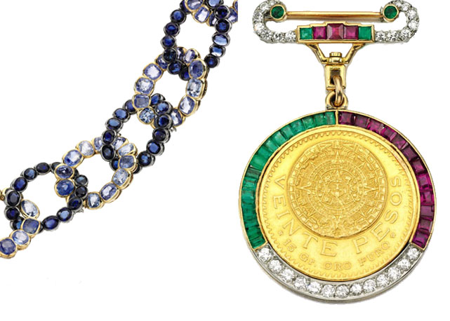 Bracelete Cartier em ouro amarelo e safiras confeccionado em 1945; Broche Cartier de 1930 cravejado de diamantes, esmeraldas e rubis - Foto: divulgação