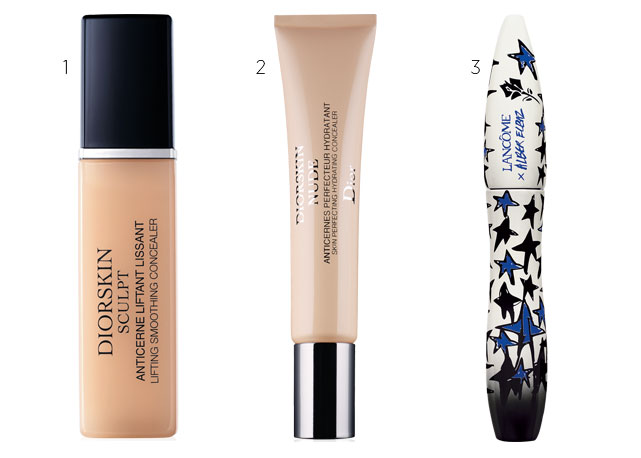 (1) Diorskin Sculpt (R$ 173); (2) corretivo Dior (R$ 156) e máscara da Lancôme (R$ 179) - Foto: reprodução/Harper's Bazaar