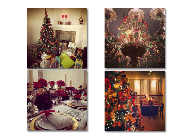 Momento décor. Do alto, em sentido horário, a sala de Cintia Dicker, o lustre de Sig Bergamin, a mesa de Carol Celico e a árvore de Fernanda Tavares - Fotos: reprodução/Instagram