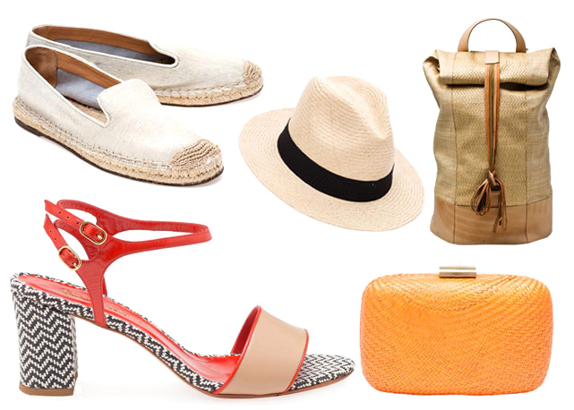 Spadrille Schutz (R$ 290), panamá Abá (R$ 194), mochila Alice Marinho (preço sob consulta), clutch Serpui Marrie (R$ 452,90), sandália Sarah Chofakian (R$ 738) - Foto: divulgação