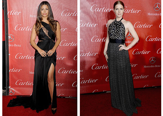 O preto de Camila Alves, de Mikael D (à esquerda); e outro longo da noite: Amy Adams veste Juan Carlos Obando - Fotos: Getty Images