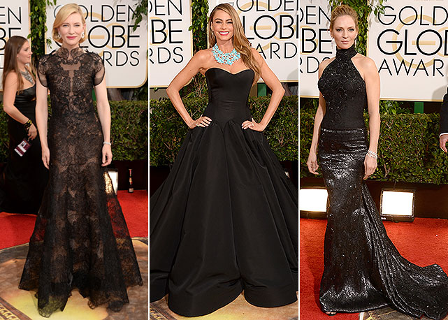 Da esquerda para a direita: Cate Blanchett de Armani, Sofia Vergara veste Zac Posen e Uma Thurman vai de Versace - Fotos: Getty Images