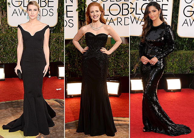 Da esquerda para a direita: Emma Roberts e o decote da Lanvin, Jessica Chastain de Givenchy e Camila Alves de Dolce & Gabbana - Fotos: Getty Images