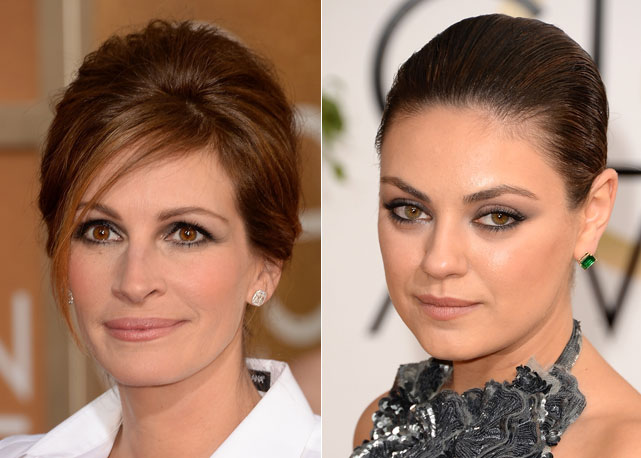 Julia Roberts e Mila Kunis prenderam os cabelos em coque para prestigiar o Golden Globes 2014 - Fotos: Getty Images