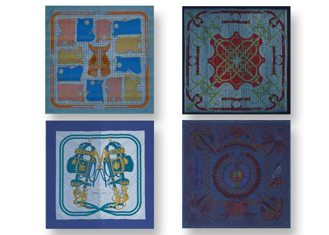 Os quatro lenços da coleção indigo d’Hermès - Fotos: divulgação