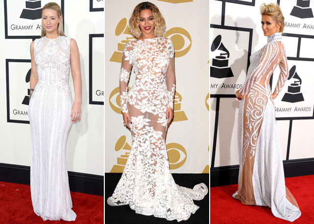 Da esquerda para a direita: Iggy Azalea (Elie Saab), Beyoncé (Michael Costello) e Paris Hilton (House of Milani) - Fotos: Getty Images