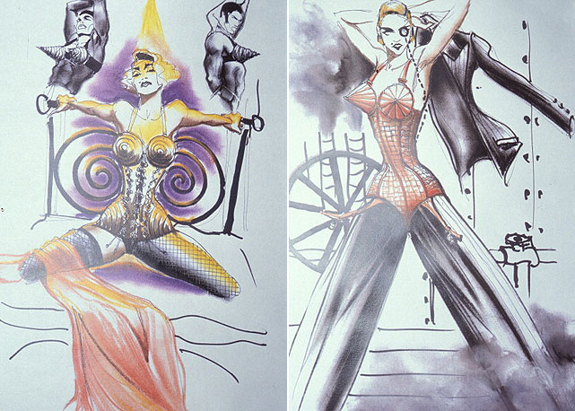 Croquis do estilista nos anos 1990, quando desenhou o figurino da turnê de Madonna - Fotos: Getty Images